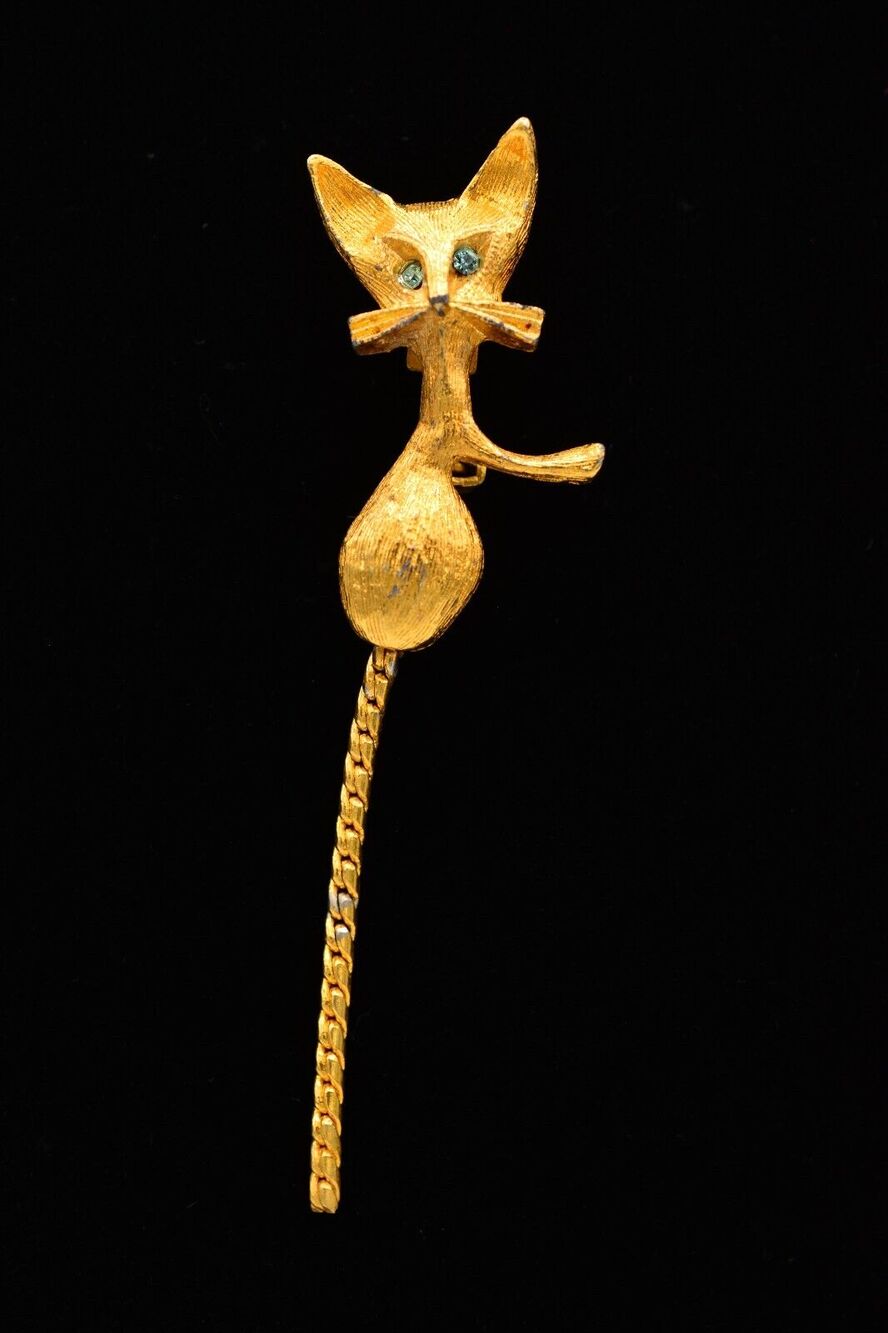 Vintage Cat Brooch Pin Brushed Gold Blue Rhinestone Crystal Dangle Tail 60s BinJ